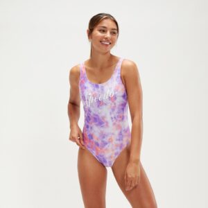 Bedruckter Badeanzug mit tiefem U-Rückenausschnitt und Logo für Damen Flieder/Koralle