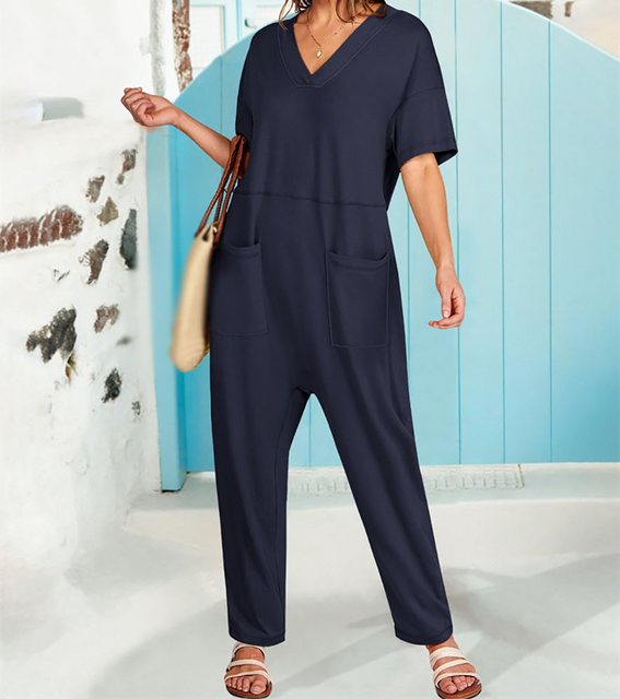 AFAZ New Trading UG Jumpsuit Einfarbiger dunkelblauer Damen Overall mit V-Ausschnitt und Taschen